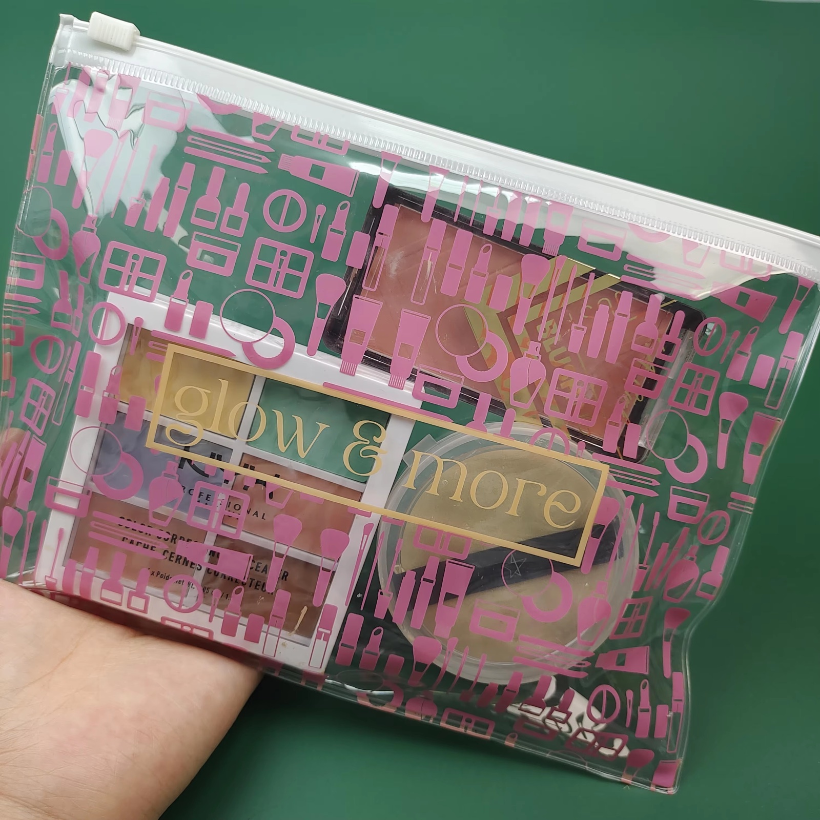 pink printed clear PVC makeup pouch with white slider zipper - view 5