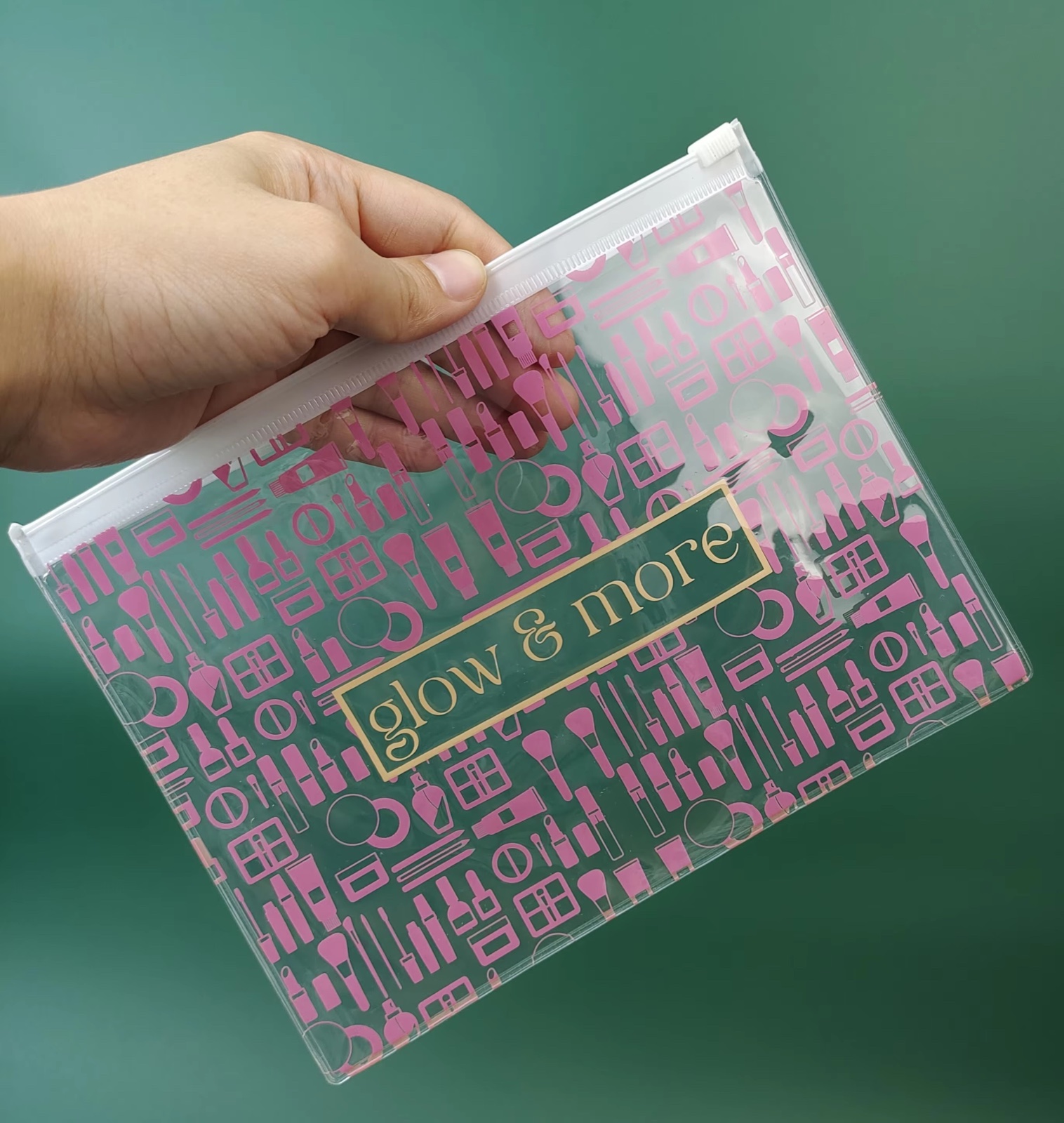 pink printed clear PVC makeup pouch with white slider zipper - view 6