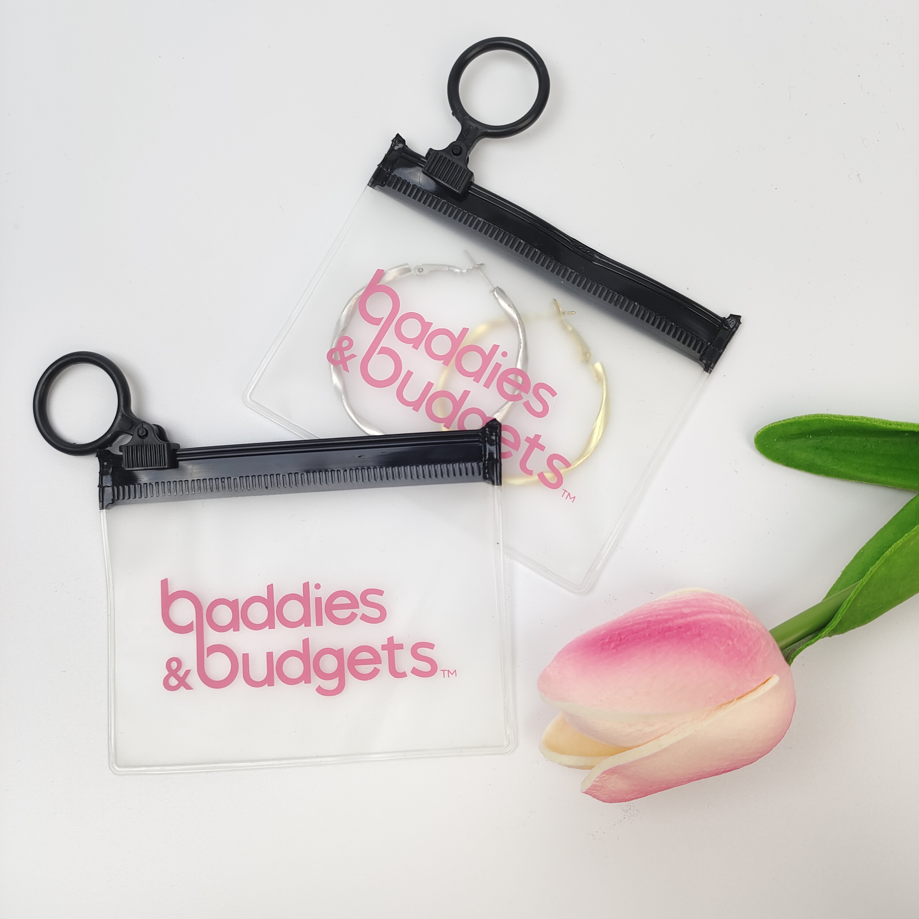 clear PVC zipper bag with pink printed branding - view 6