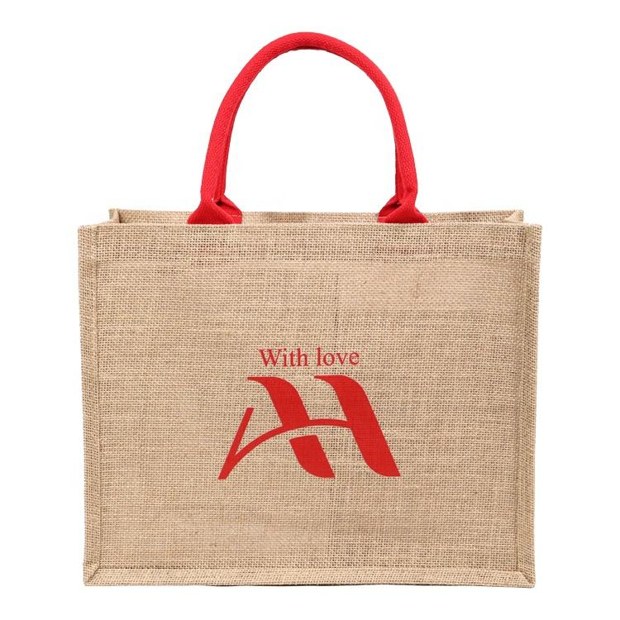 natural jute gift bag with red handles product example