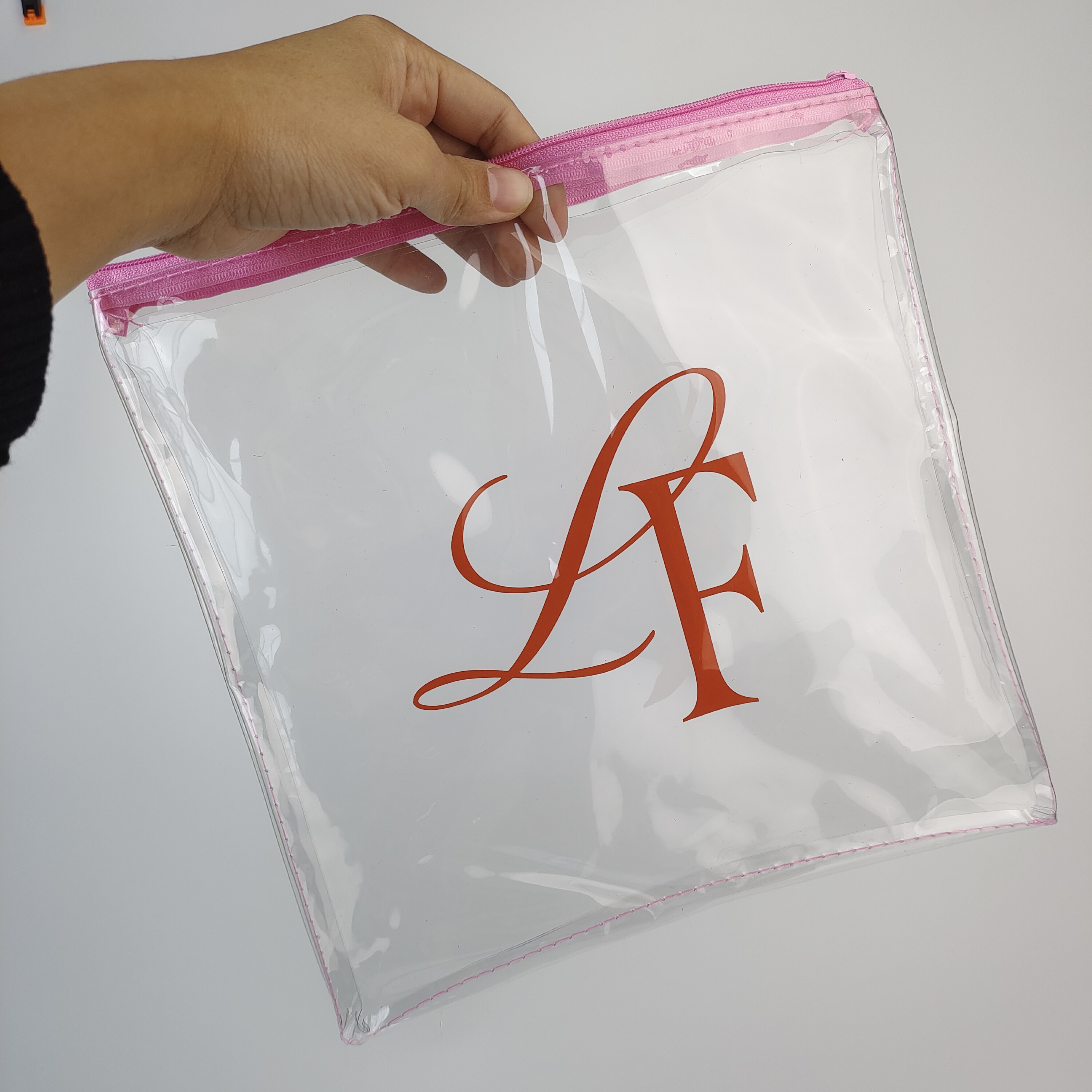 sewn clear PVC pouch with pink zipper and printed artwork - view 4