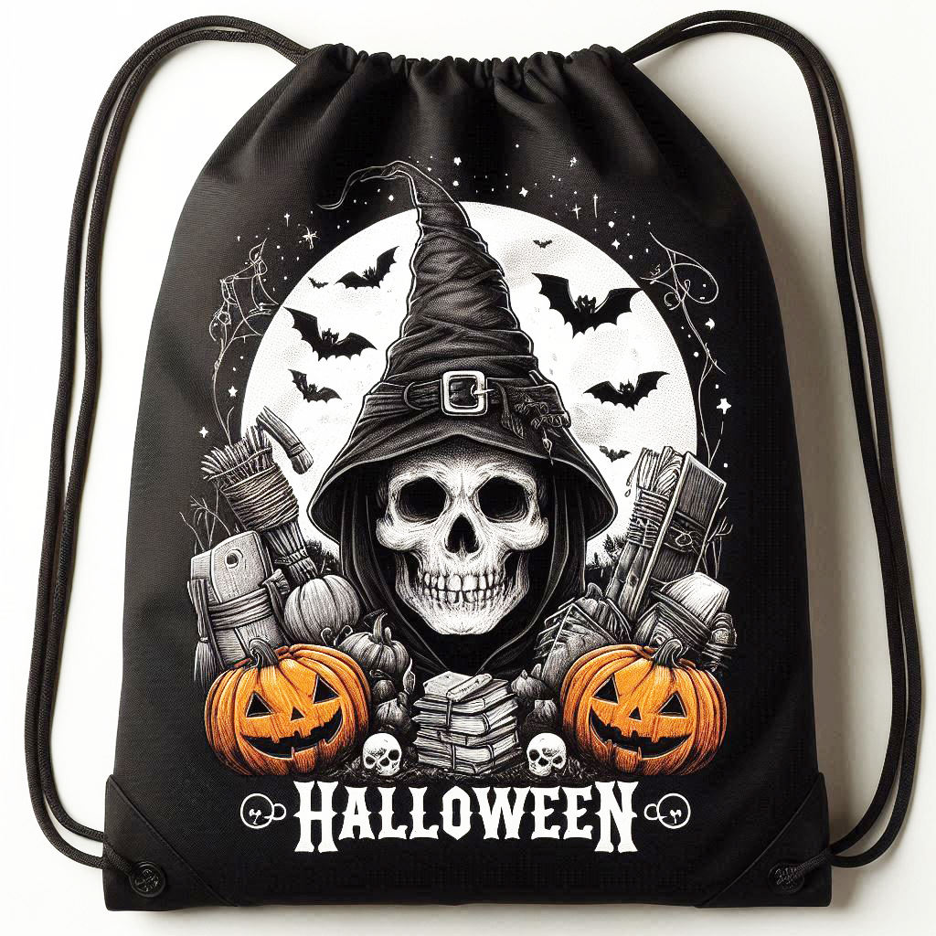 black skull print Halloween polyester drawstring bag - view 1