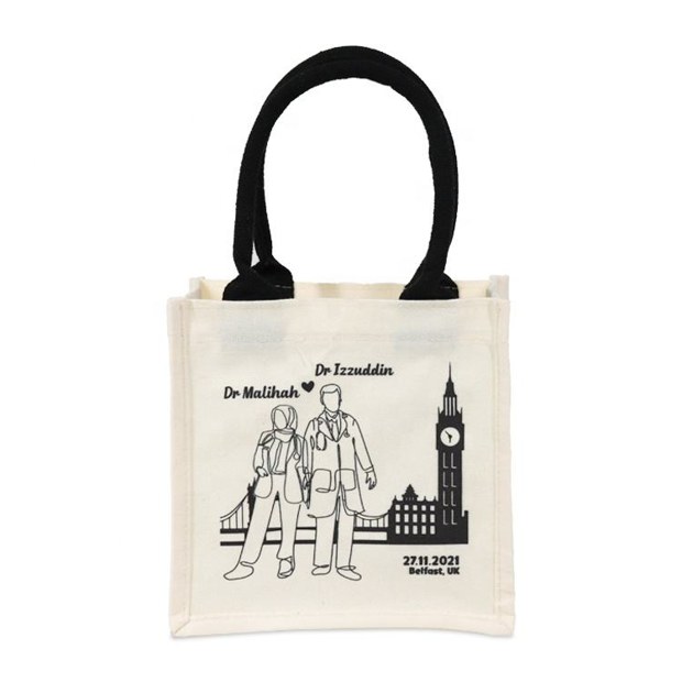 small white illustrated jute tote product example