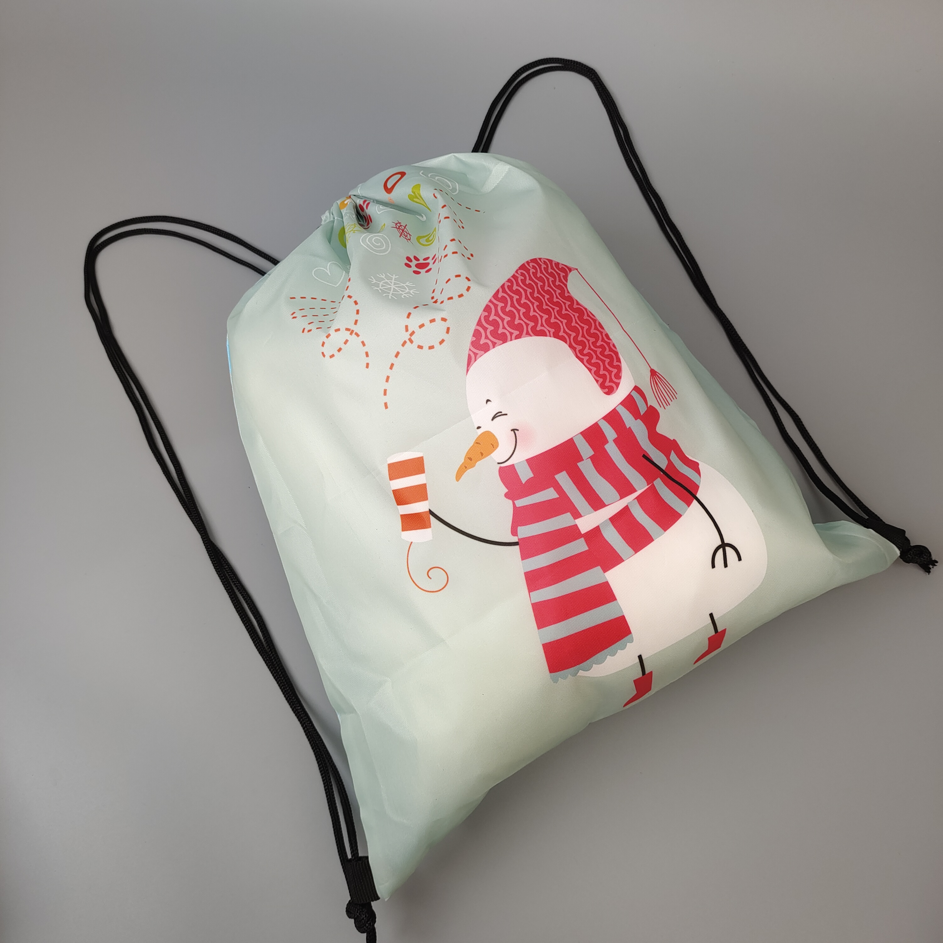 light polyester drawstring backpack with colorful snowman print - view 1