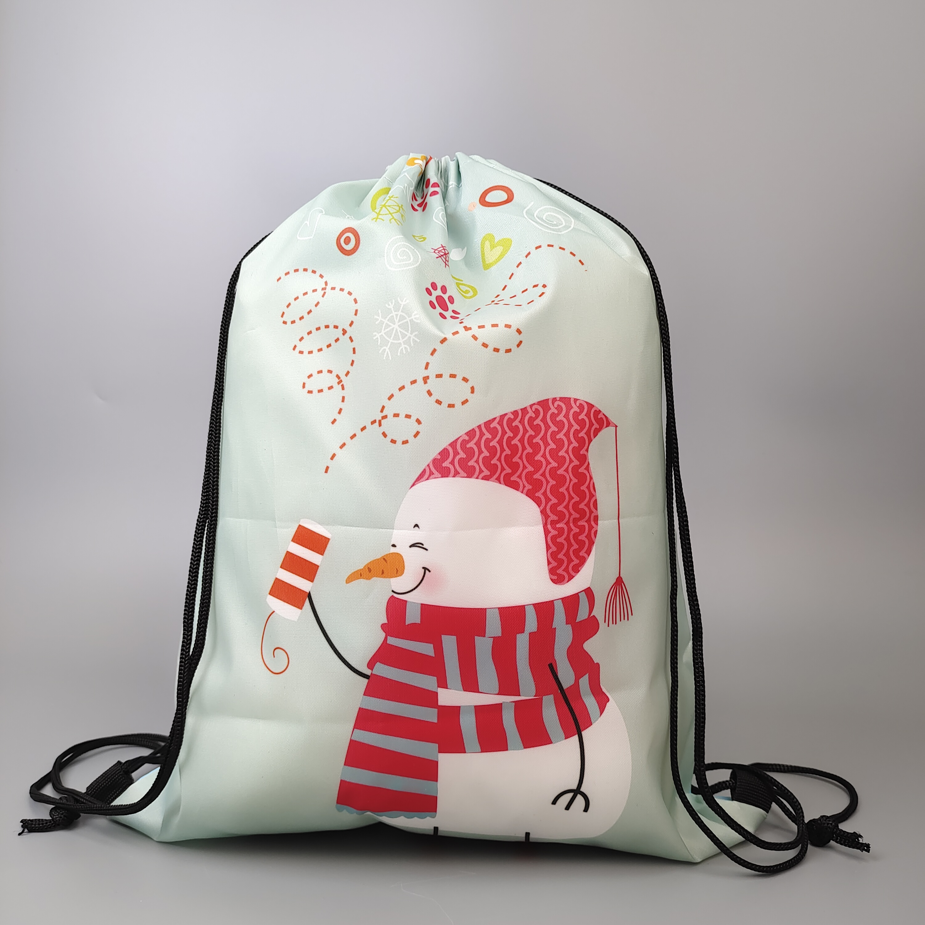 light polyester drawstring backpack with colorful snowman print - view 3