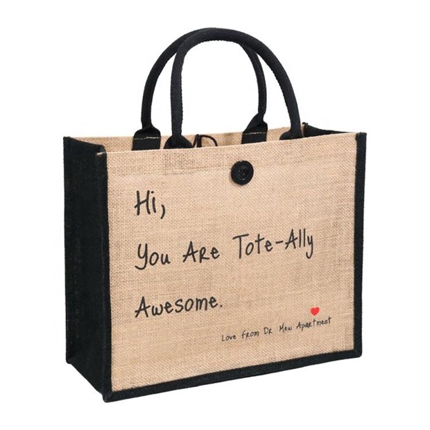 message print jute tote with button closure product example - view 1
