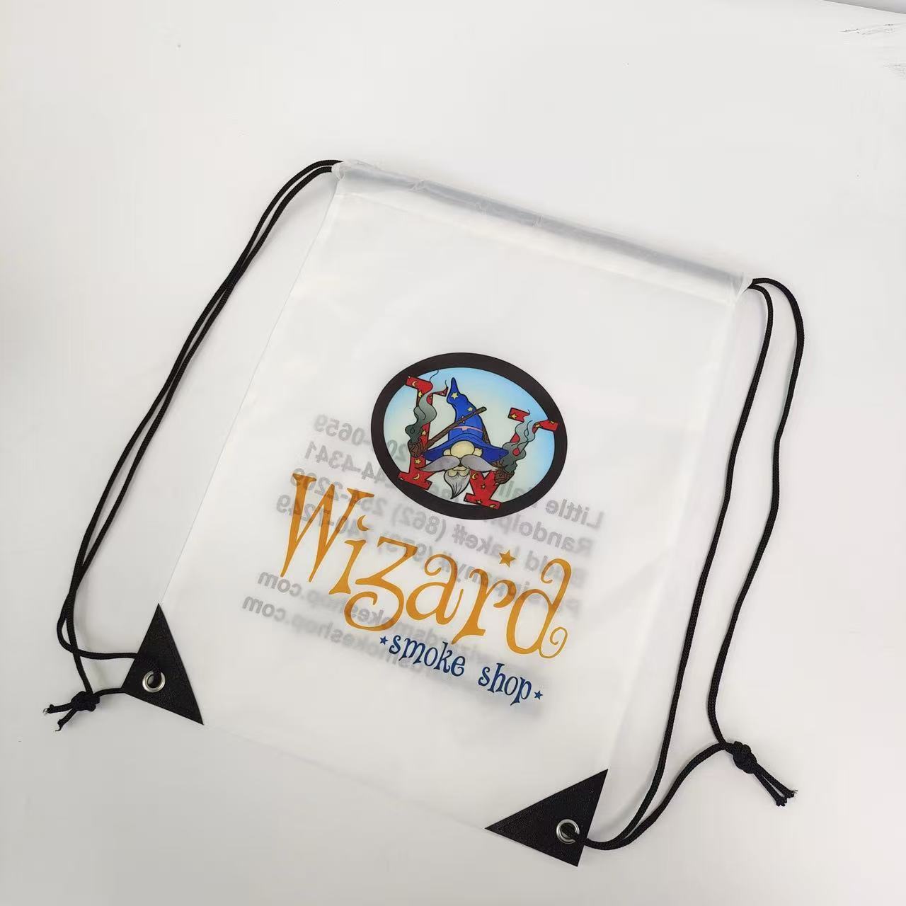 translucent white custom logo drawstring backpack with black cords