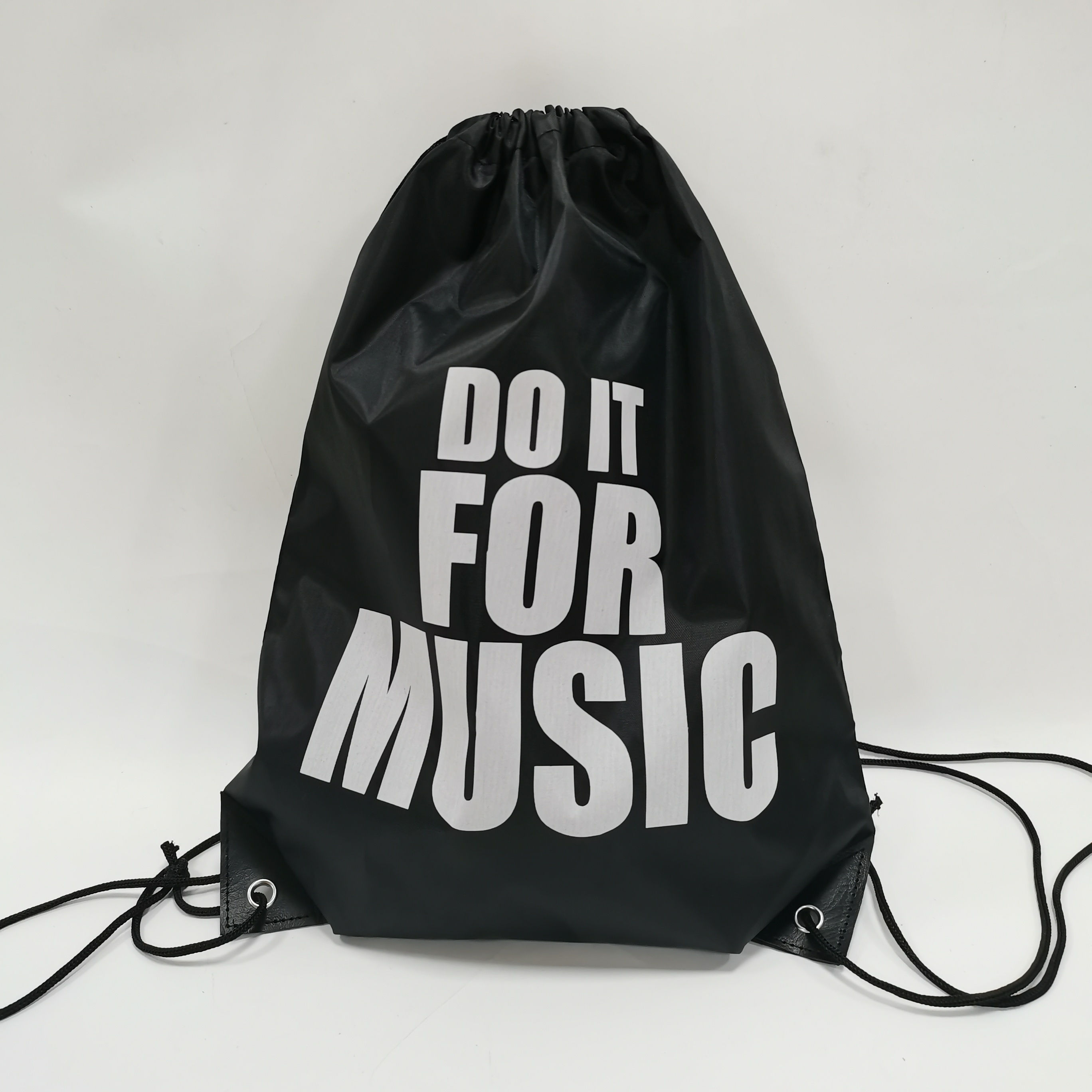 turquoise polyester drawstring backpack with white typography - view 3