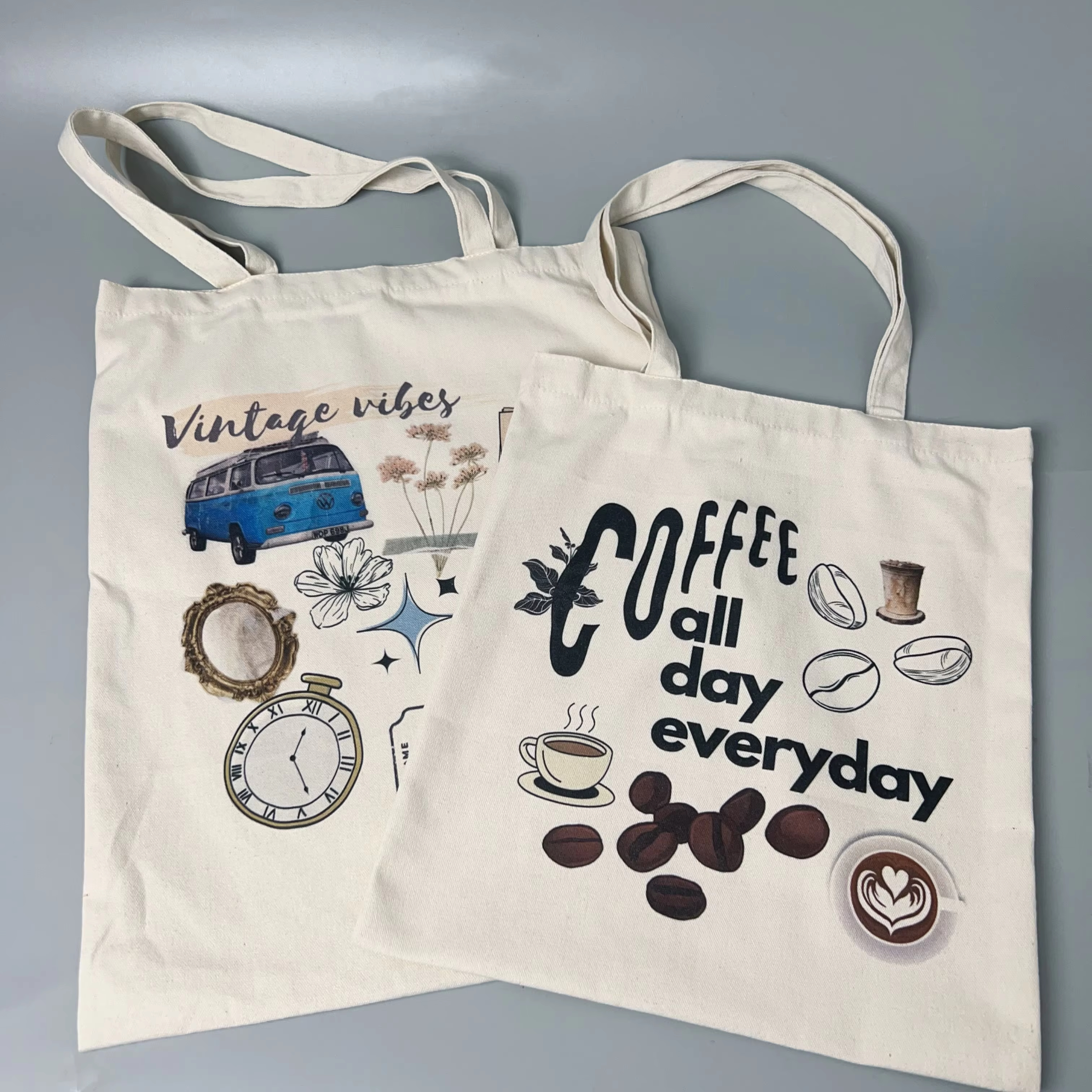 natural canvas tote with vintage travel collage artwork