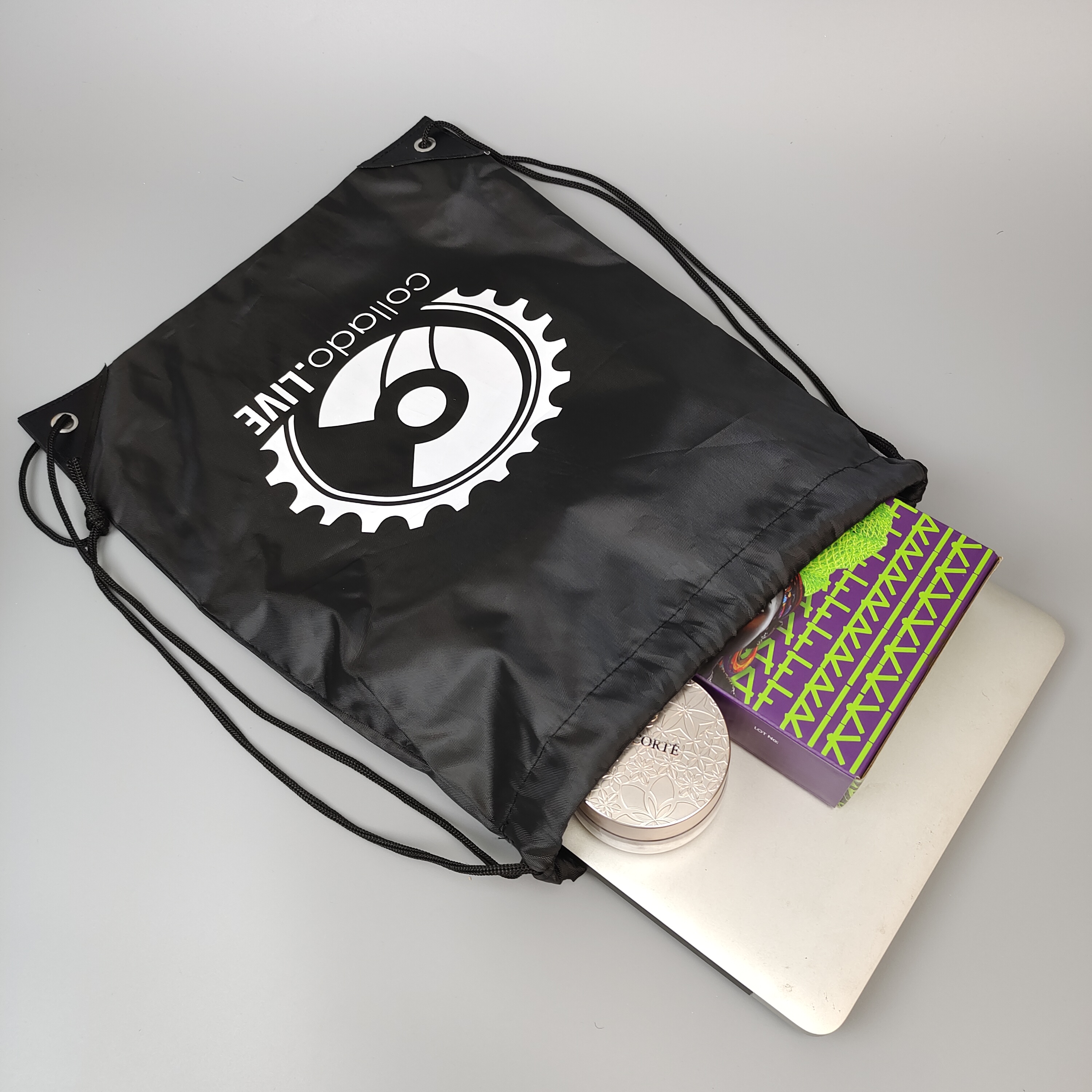 black polyester drawstring backpack with centered white emblem - view 6