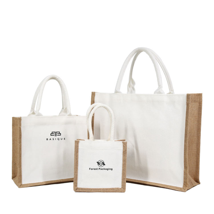 white logo canvas and jute tote product example