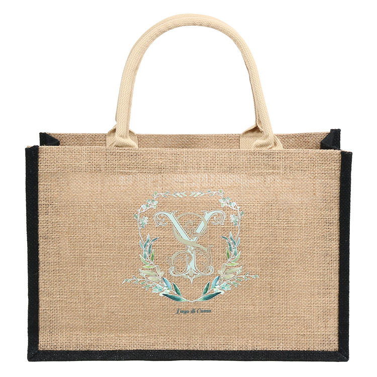 white logo canvas and jute tote product example - view 3
