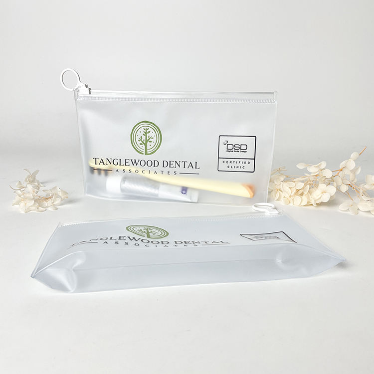frosted dental PVC pouch with white zipper and circular ring pull - view 4