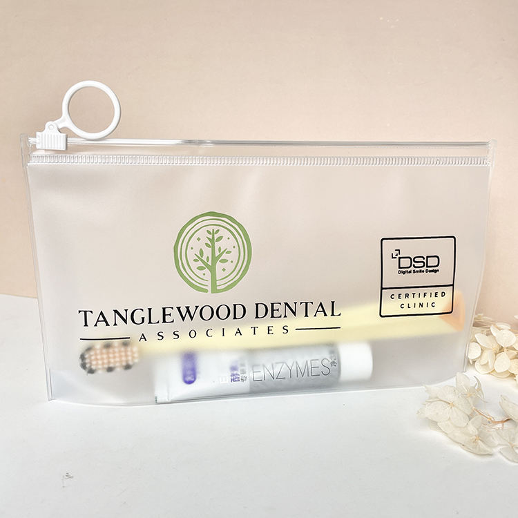 frosted dental PVC pouch with white zipper and circular ring pull - view 5