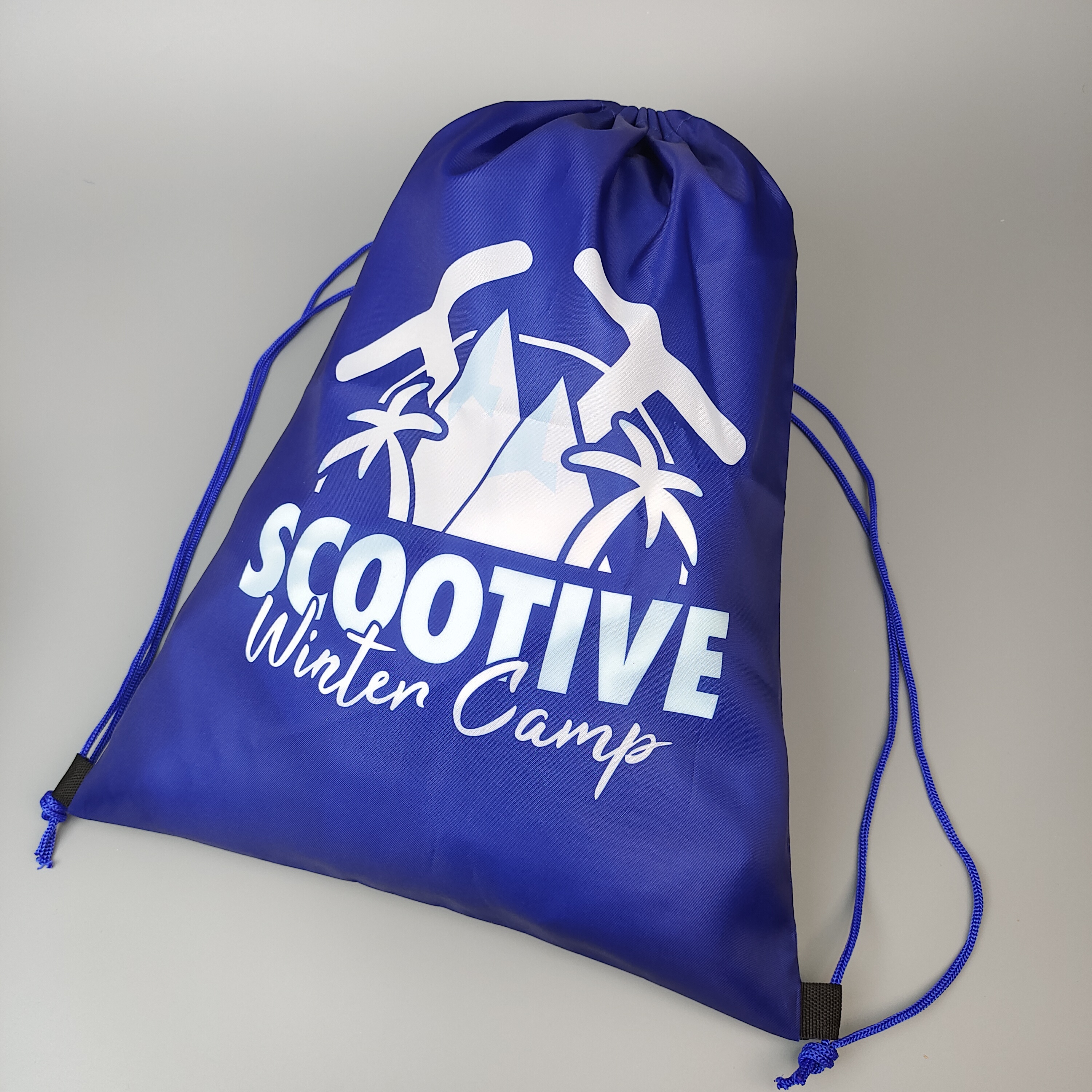 blue polyester drawstring backpack with winter camp mountain artwork - view 1
