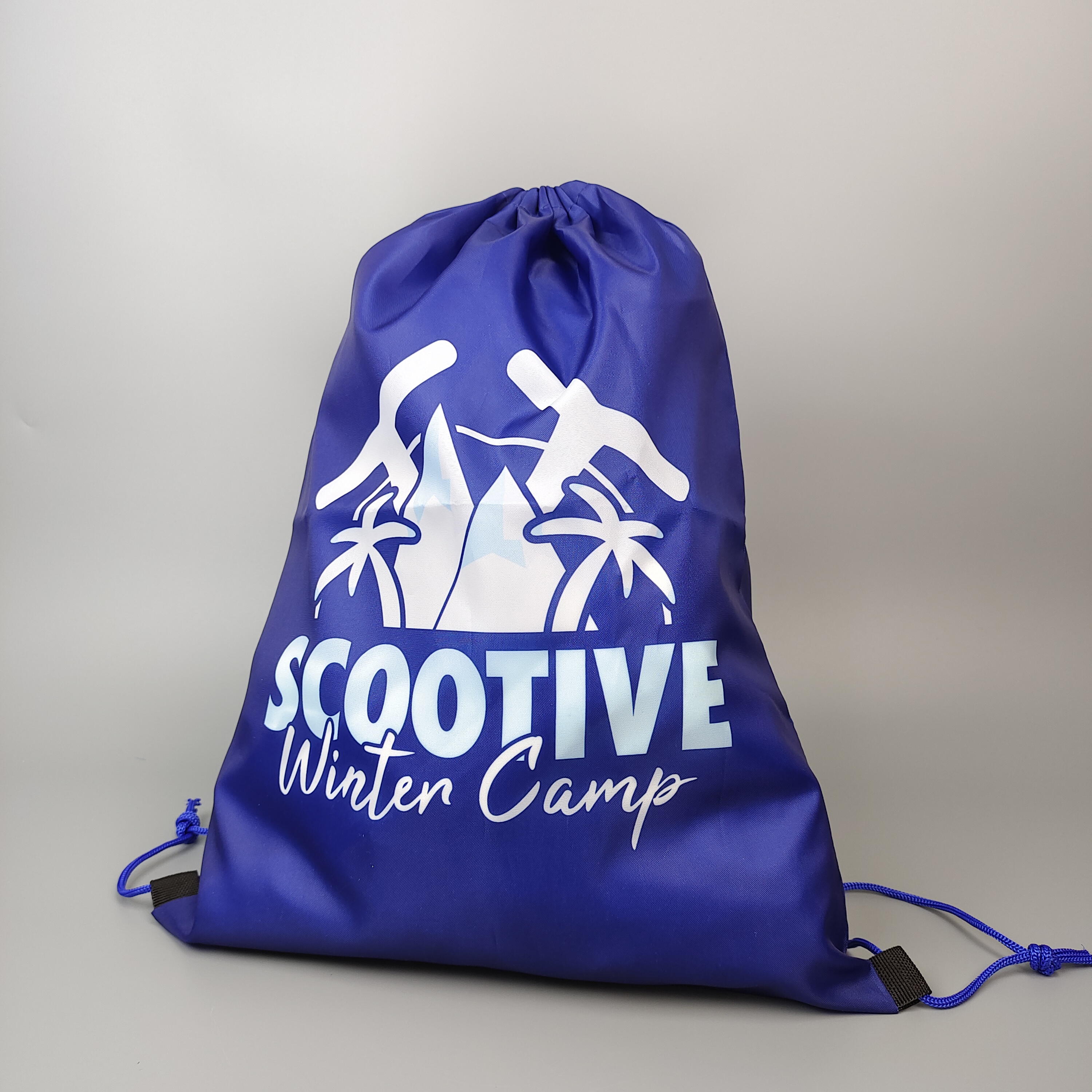 blue polyester drawstring backpack with winter camp mountain artwork - view 2