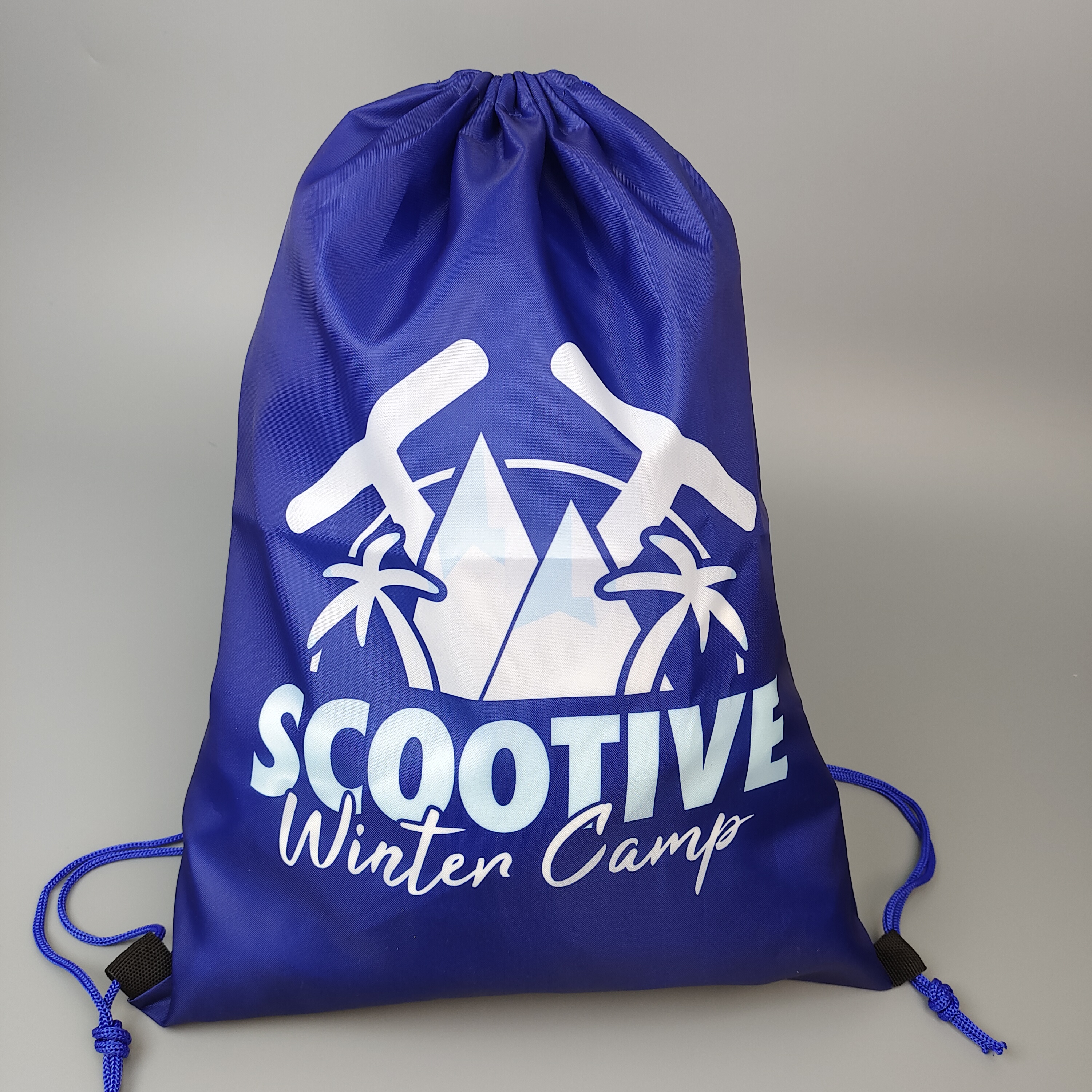 blue polyester drawstring backpack with winter camp mountain artwork - view 3