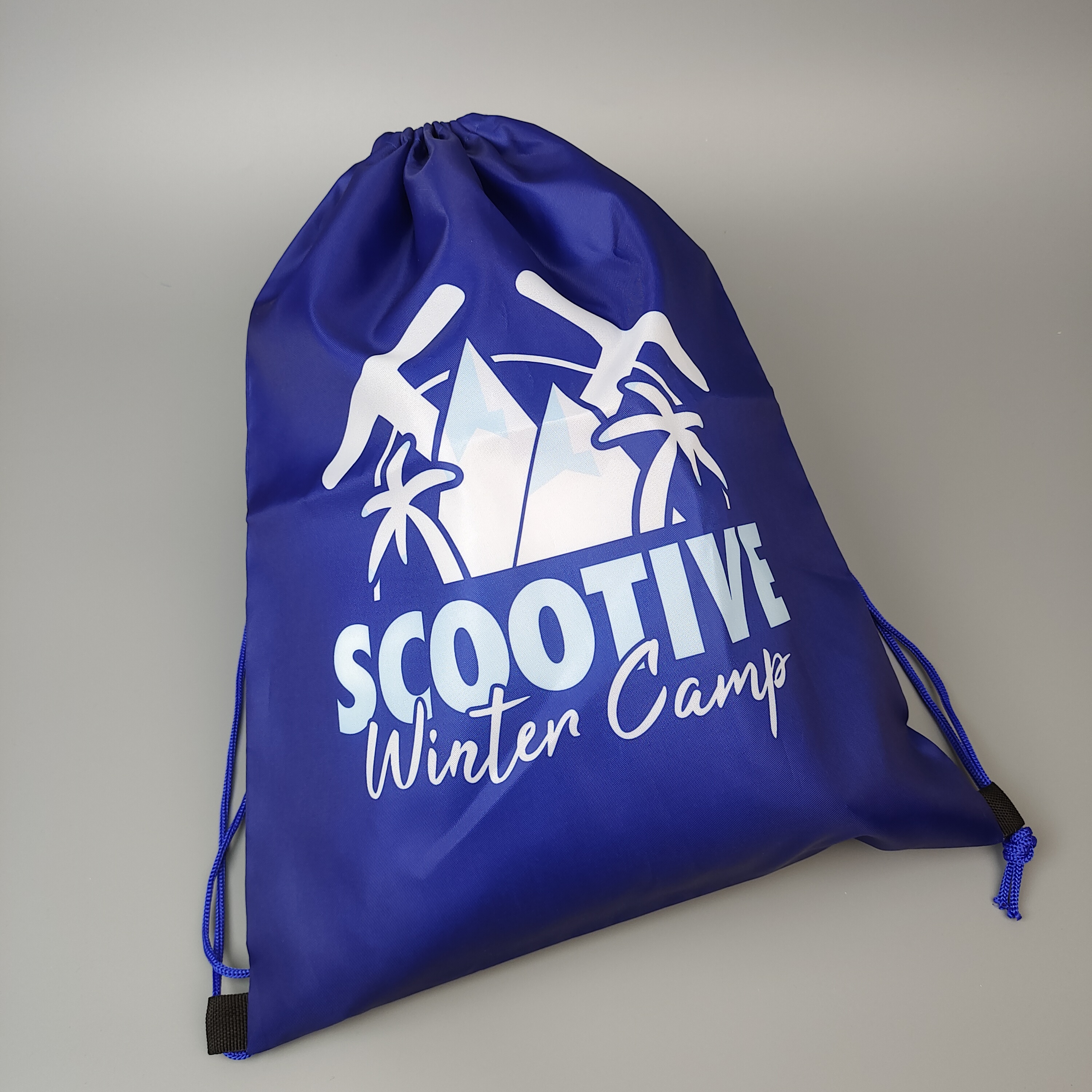 blue polyester drawstring backpack with winter camp mountain artwork - view 4