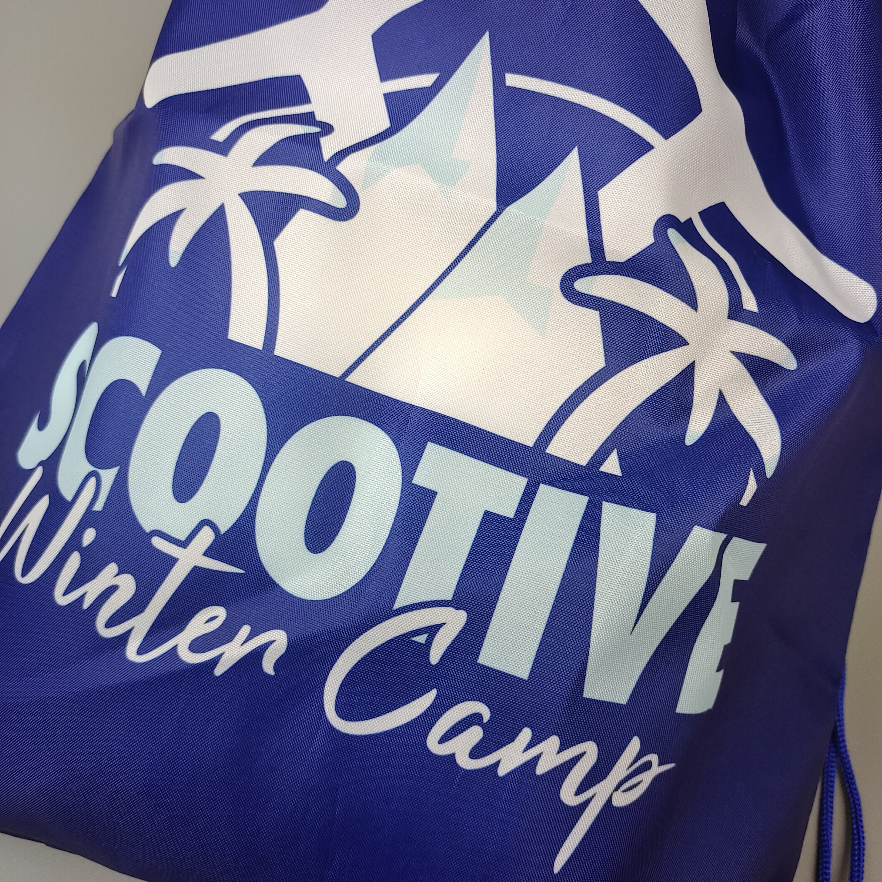 blue polyester drawstring backpack with winter camp mountain artwork - view 6