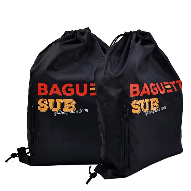 black printed polyester drawstring backpack with vertical zippered pocket - view 1